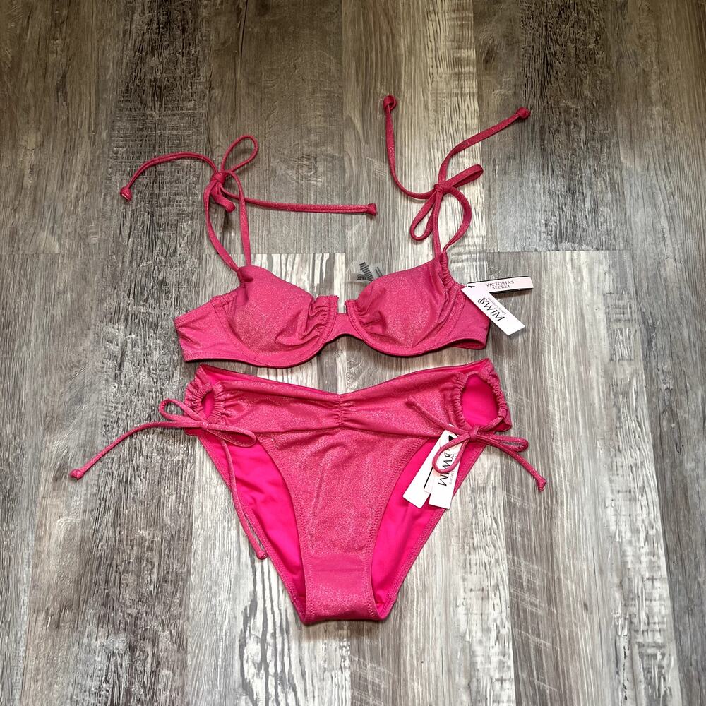 VICTORIA'S SECRET Pink Shimmer Underwire Bikini Top & Side Tie Buttom NWT 34A